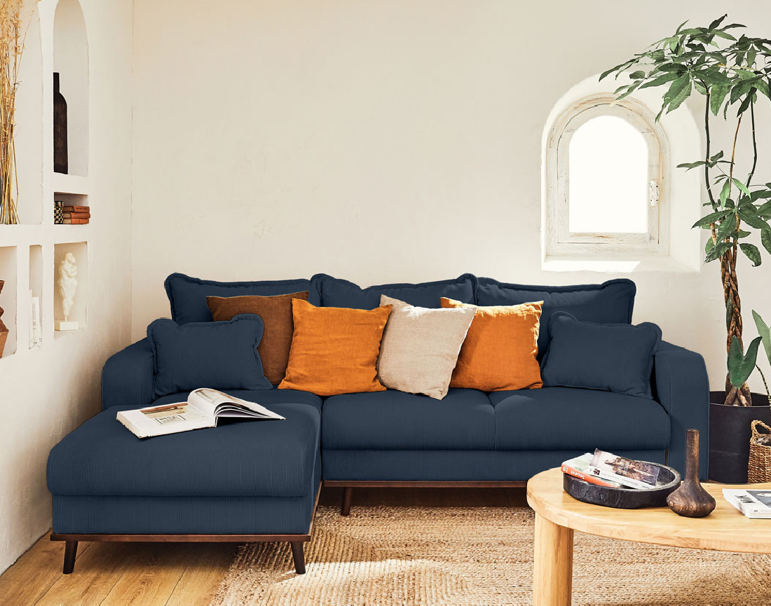 Canapé d'angle gauche 4 places convertible avec coffre en velours côtelé Albane