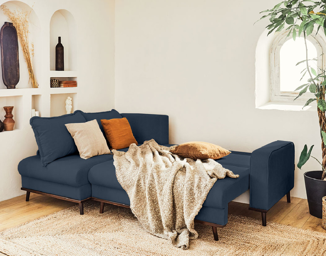 Canapé d'angle gauche 4 places convertible avec coffre en velours côtelé Albane