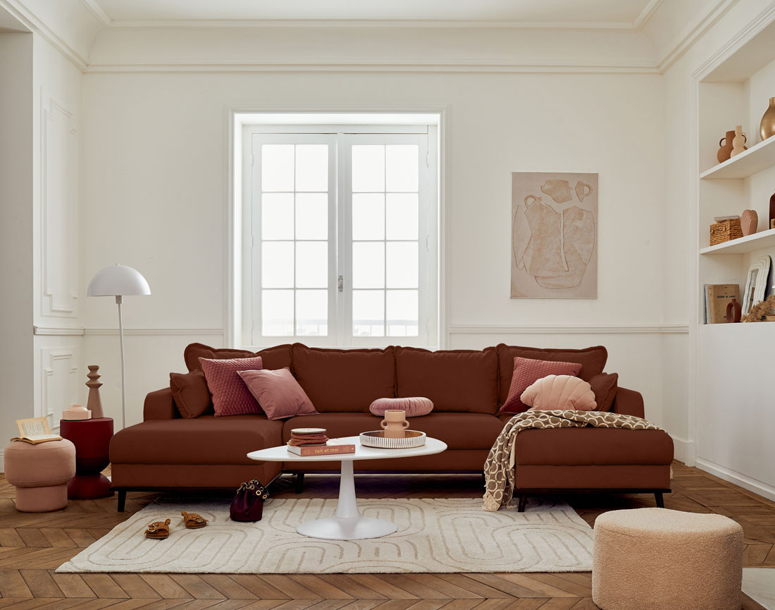 Canapé panoramique en U 7 places convertible avec coffre en velours côtelé Albane