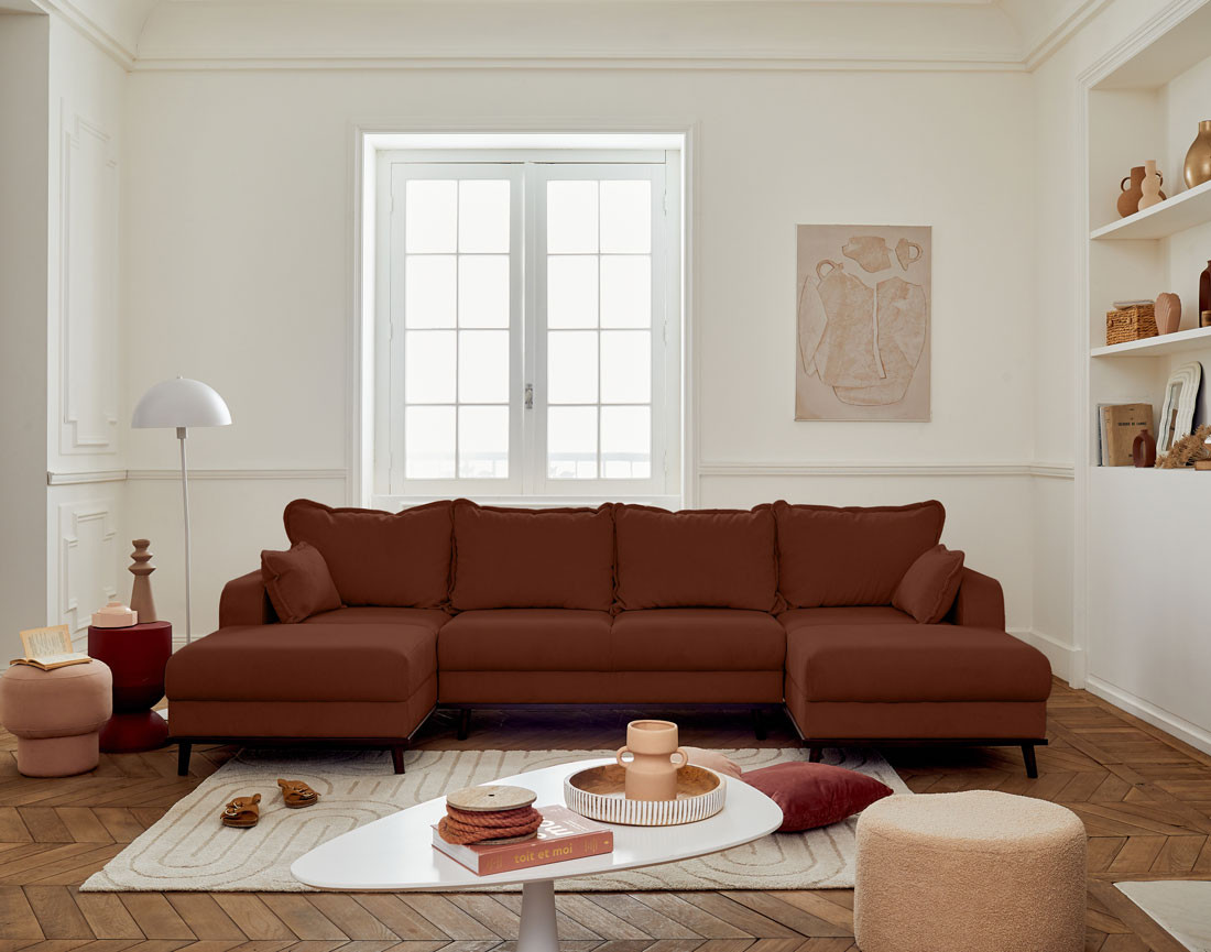 Canapé panoramique en U 7 places convertible avec coffre en velours côtelé Albane