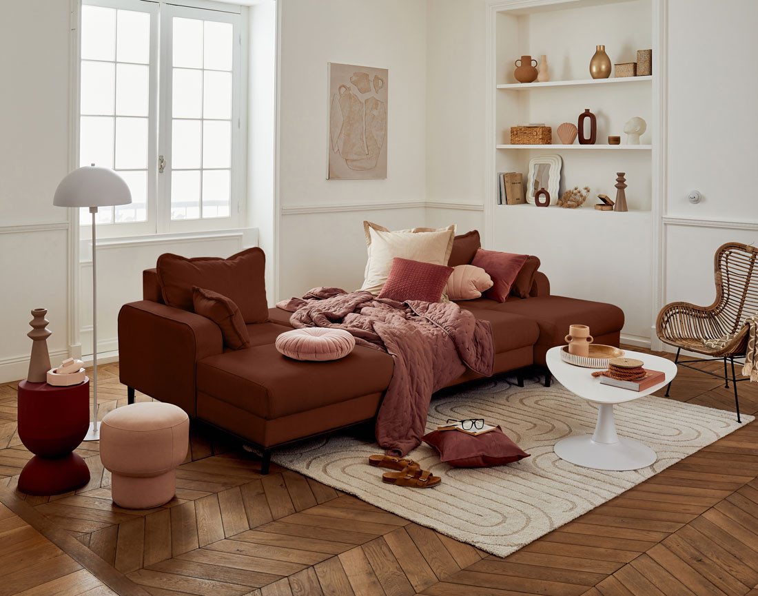 Canapé panoramique en U 7 places convertible avec coffre en velours côtelé Albane