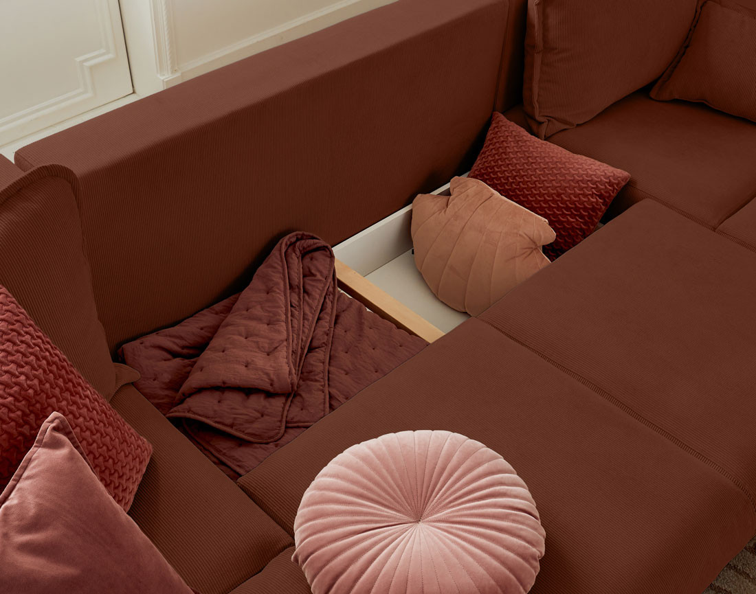 Canapé panoramique en U 7 places convertible avec coffre en velours côtelé Albane
