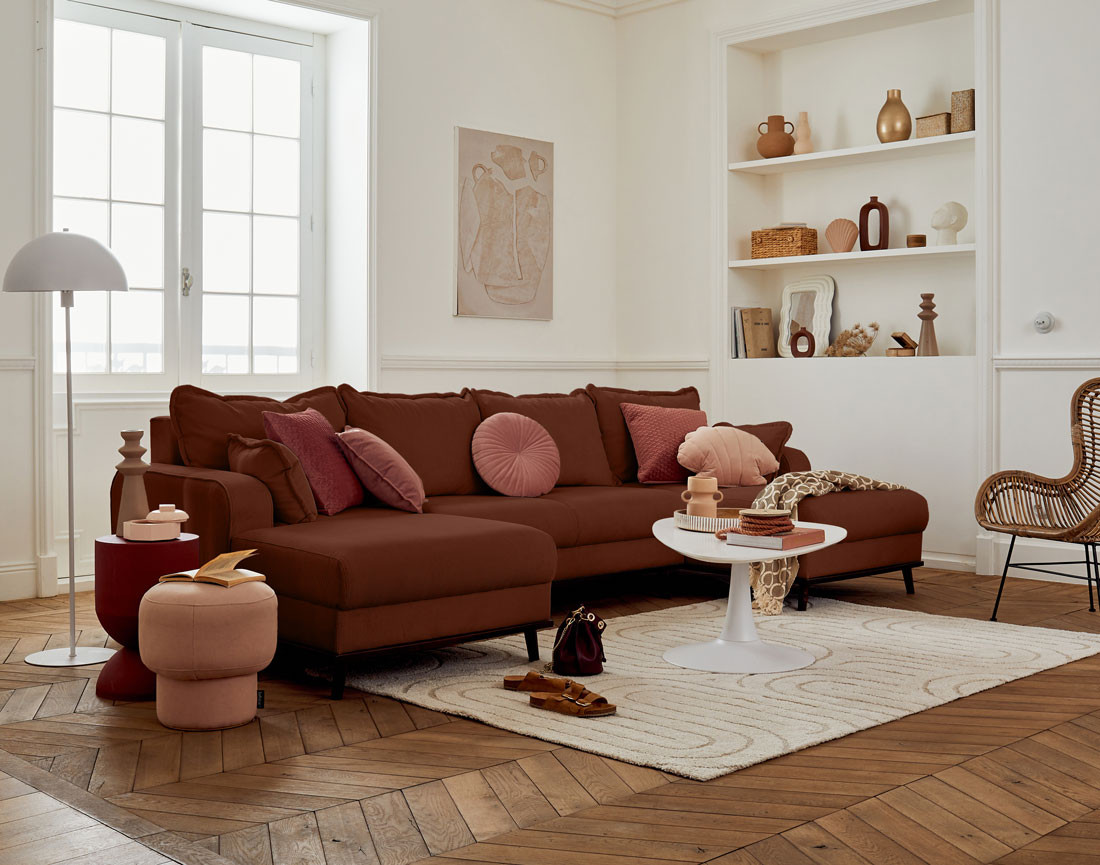 Canapé panoramique en U 7 places convertible avec coffre en velours côtelé Albane