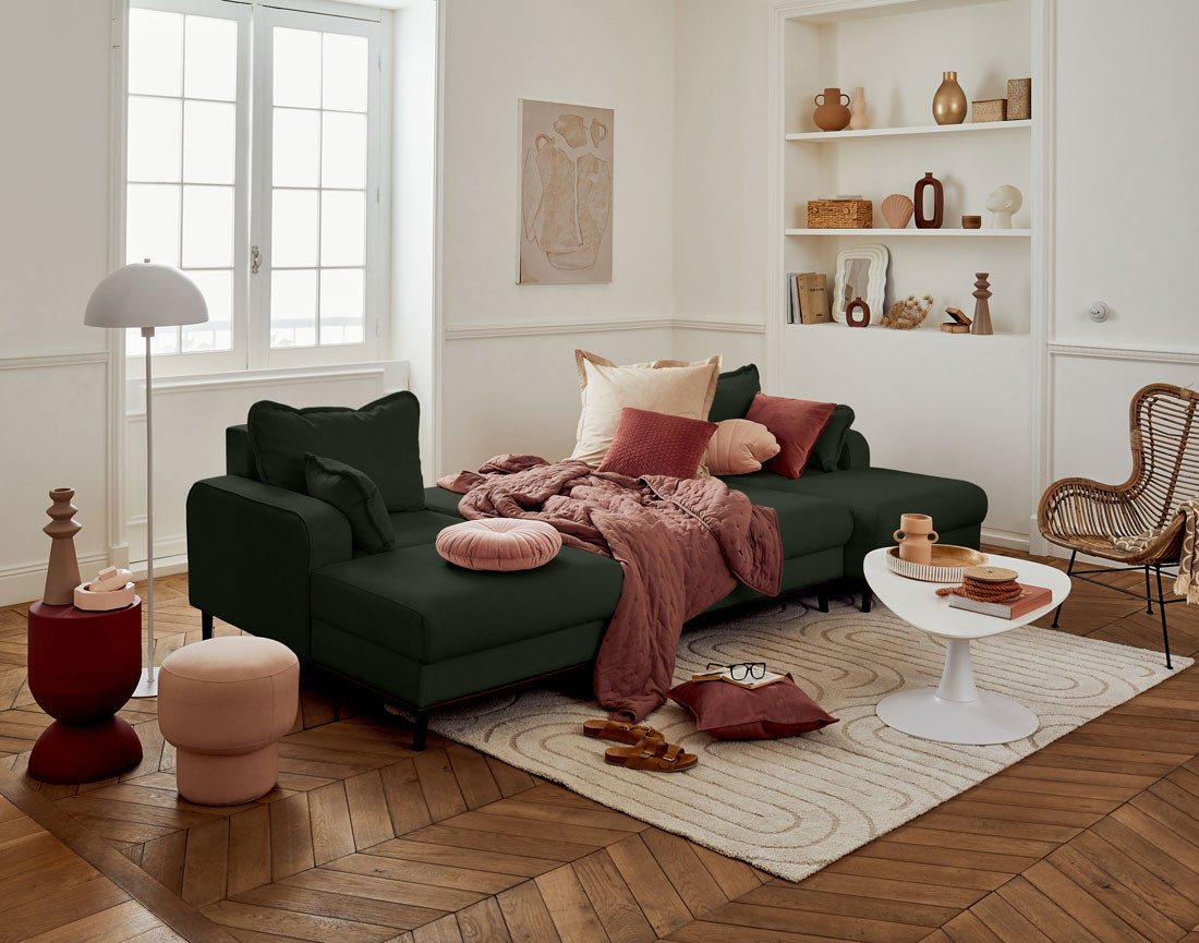 Canapé panoramique en U 7 places convertible avec coffre en velours côtelé Albane