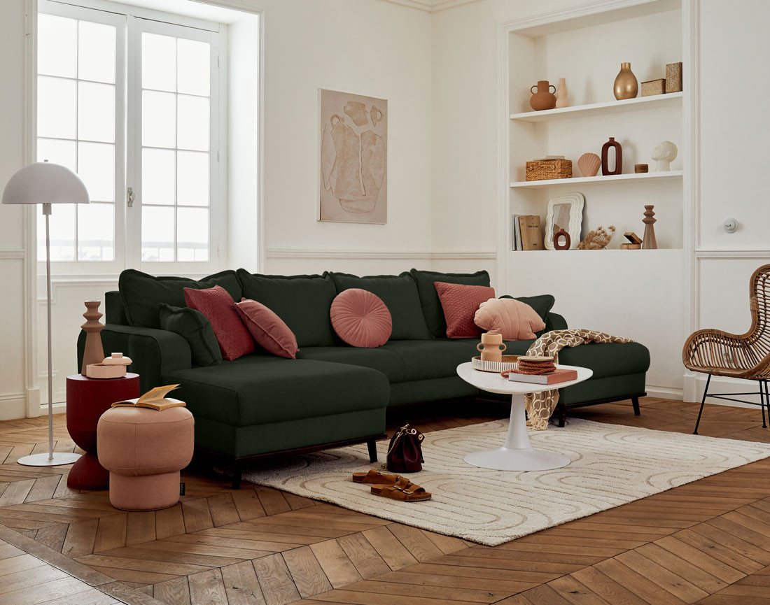 Canapé panoramique en U 7 places convertible avec coffre en velours côtelé Albane