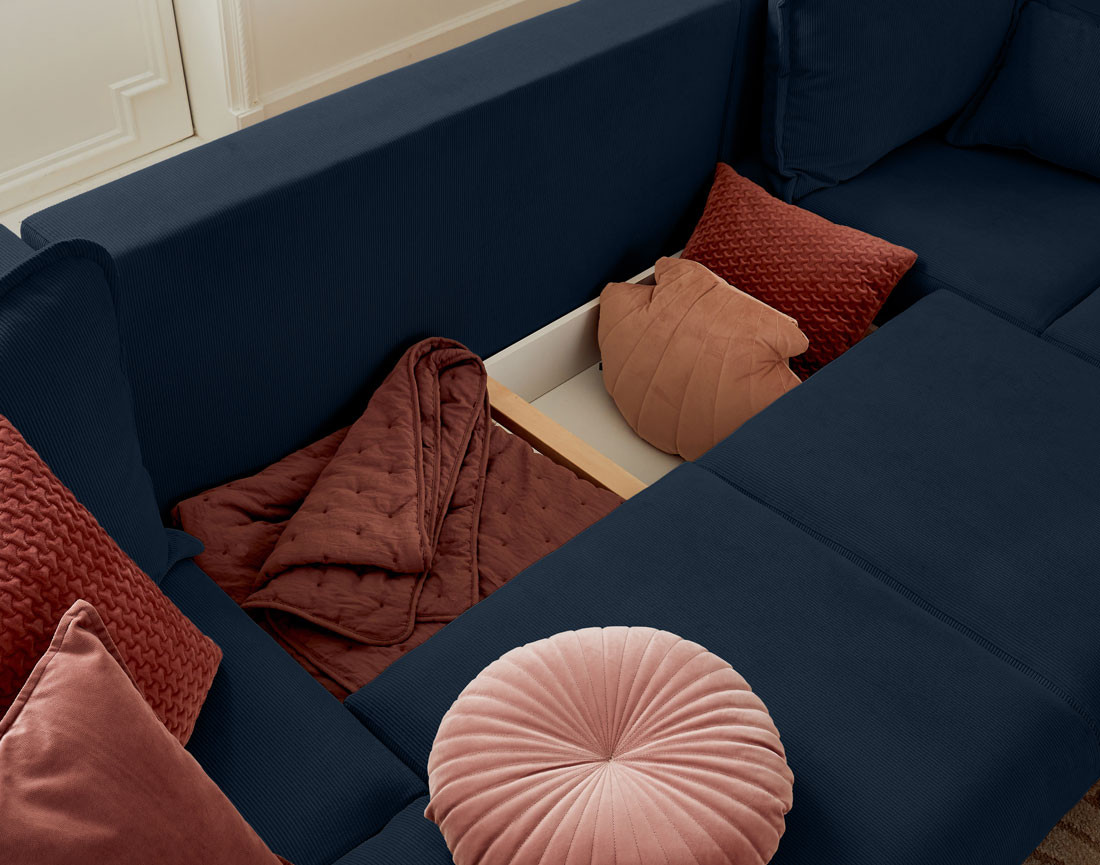 Canapé panoramique en U 7 places convertible avec coffre en velours côtelé Albane