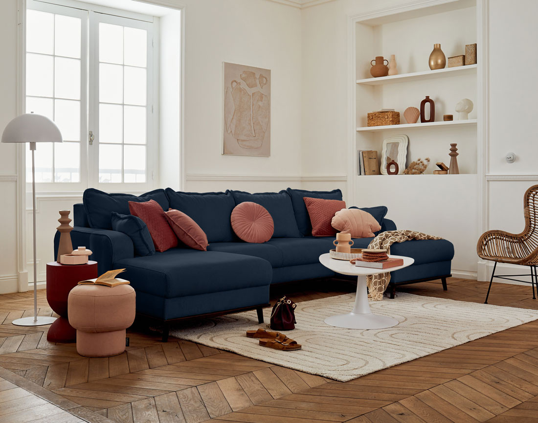 Canapé panoramique en U 7 places convertible avec coffre en velours côtelé Albane