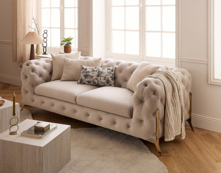 Canapé 3 places chesterfield en velours pieds en métal doré Camden