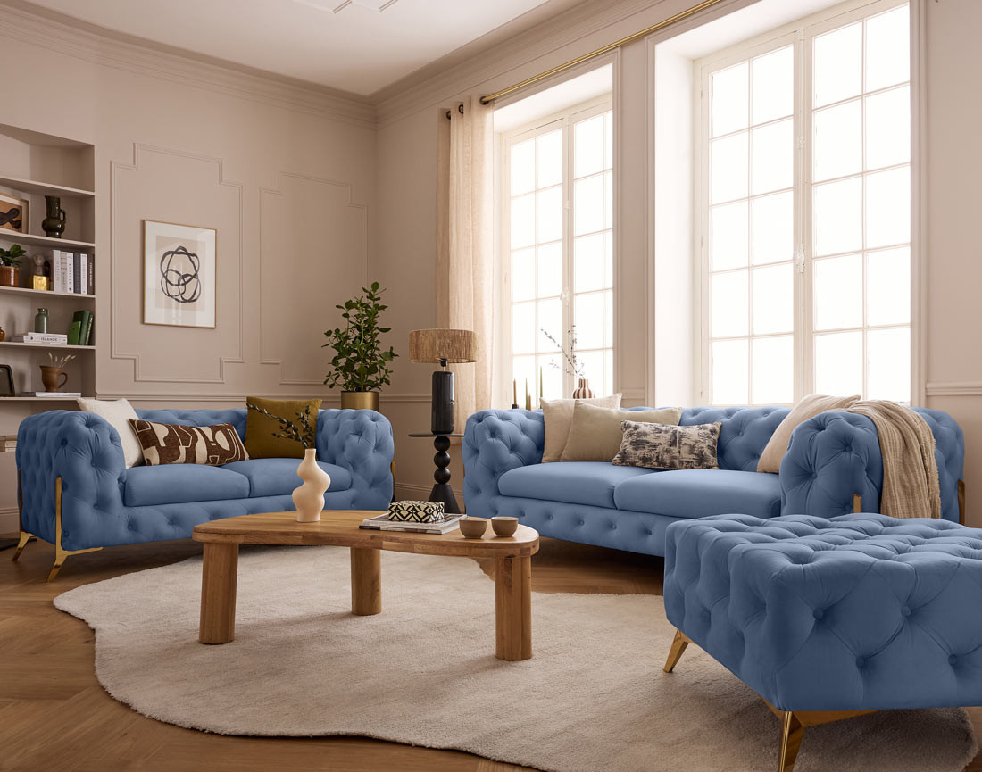 Canapé 3 places chesterfield en velours pieds en métal doré Camden