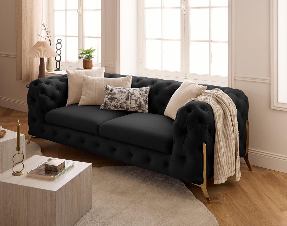 Canapé 3 places chesterfield en velours pieds en métal doré Camden