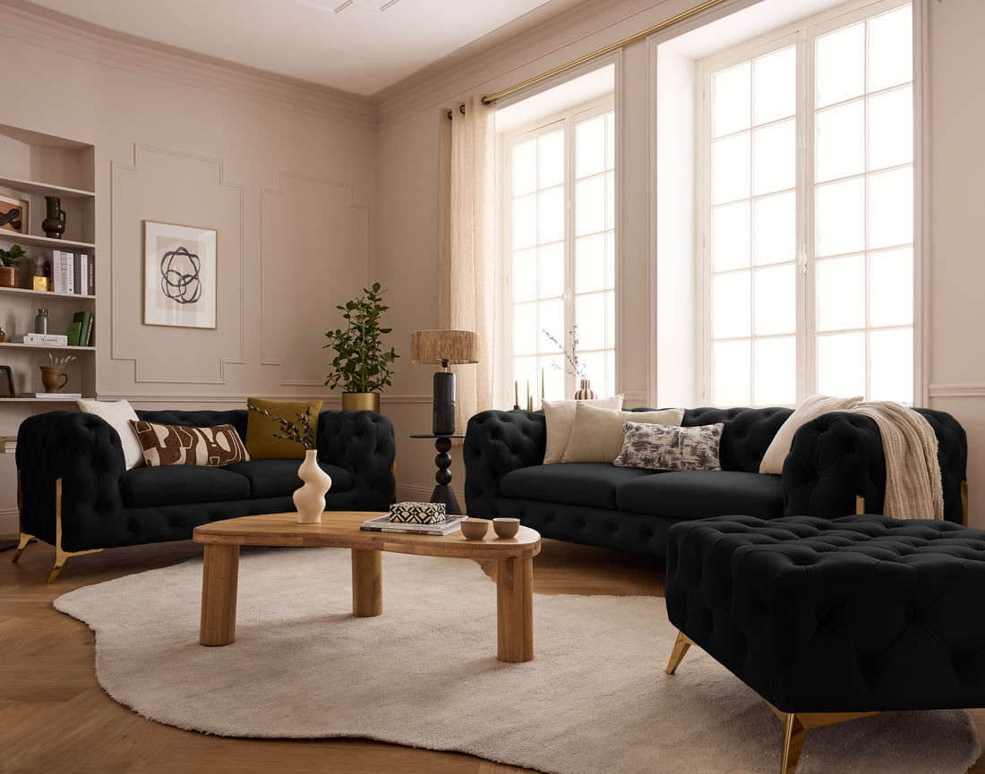 Canapé 3 places chesterfield en velours pieds en métal doré Camden