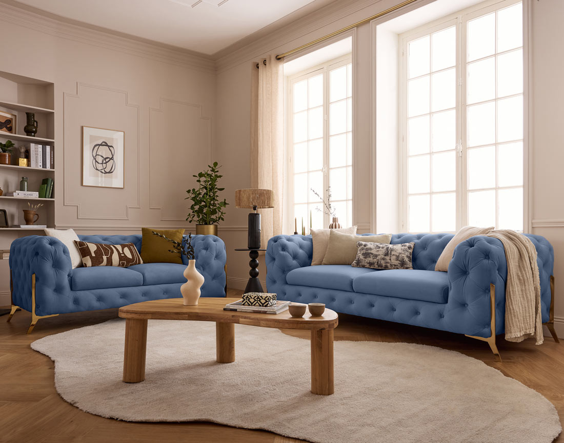 Canapé 2 places chesterfield en velours pieds en métal doré Camden