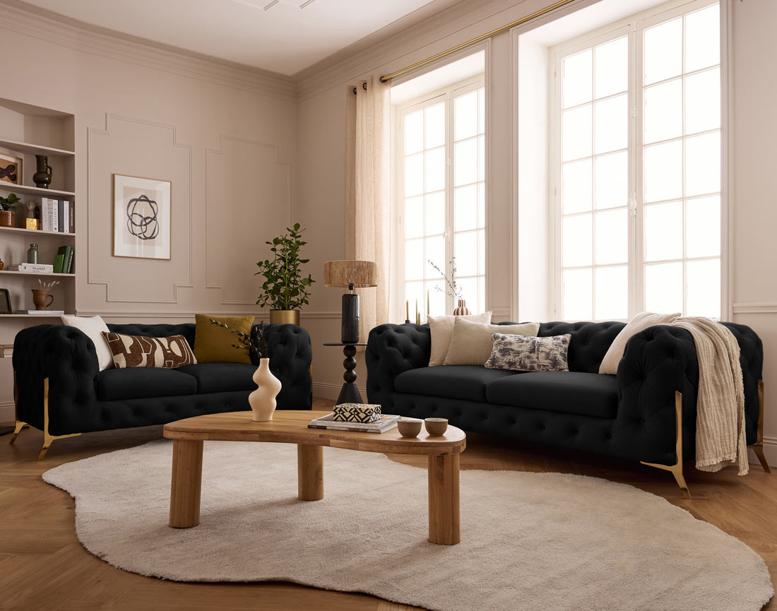 Canapé 2 places chesterfield en velours pieds en métal doré Camden