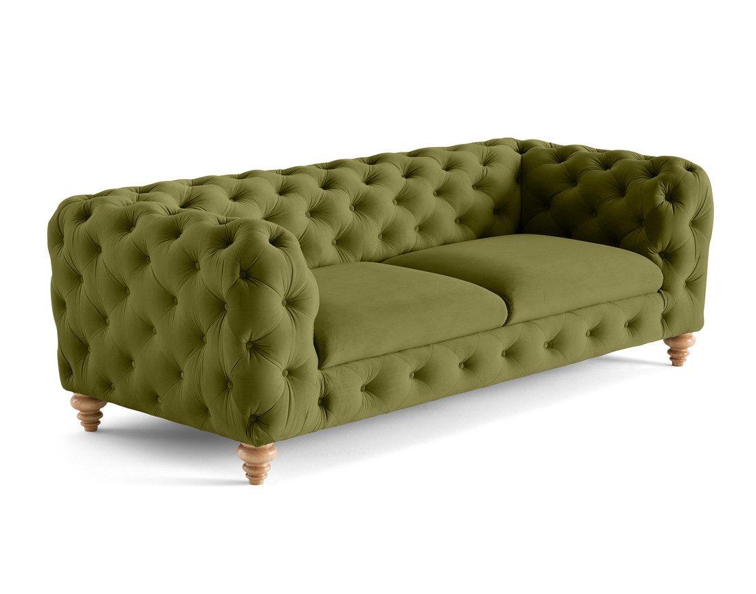 Canapé 3 places chesterfield en velours pieds bois Walter