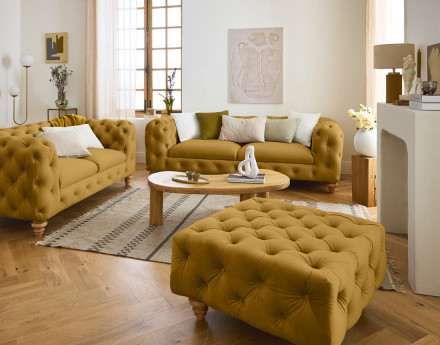 Canapé 3 places chesterfield en velours pieds bois Walter