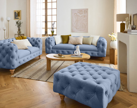 Canapé 3 places chesterfield en velours pieds bois Walter