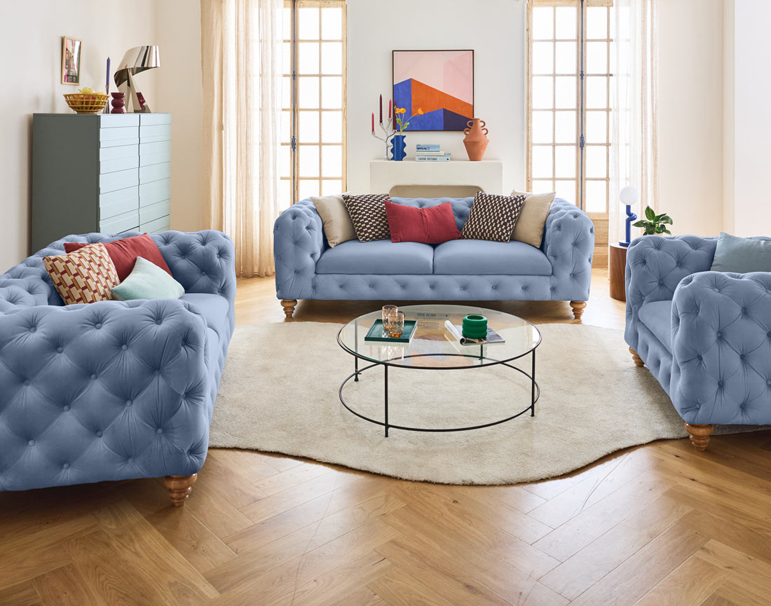 Canapé 3 places chesterfield en velours pieds bois Walter