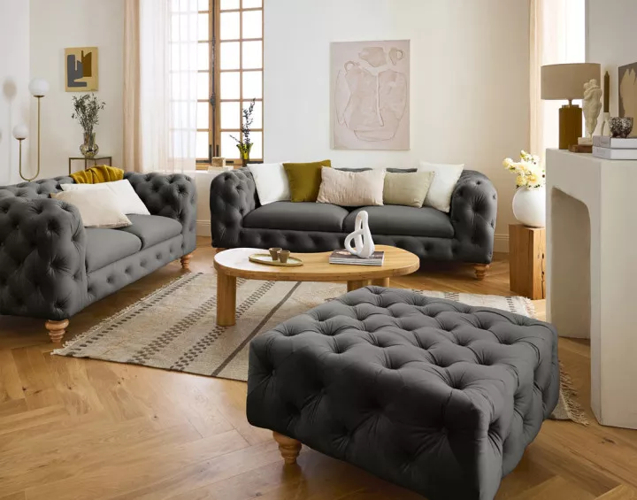 Canapé 3 places chesterfield en velours pieds bois Walter