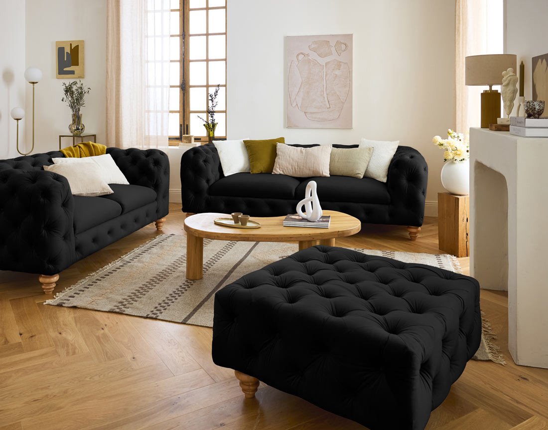 Canapé 3 places chesterfield en velours pieds bois Walter