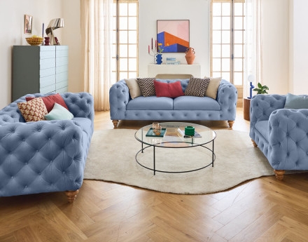 Canapé 2 places chesterfield en velours pieds bois Walter