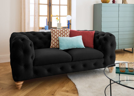 Canapé 2 places chesterfield en velours pieds bois Walter