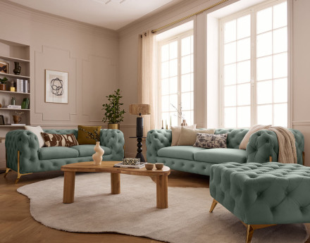 Pouf chesterfield en velours pieds en métal doré Camden