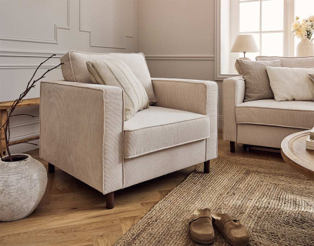 Fauteuil en velours côtelé pieds bois foncé Jake