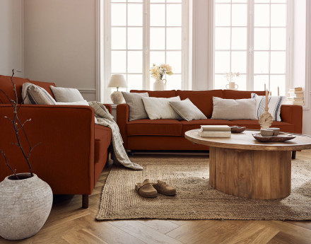 Canapé 2 places en velours côtelé pieds bois foncé Jake