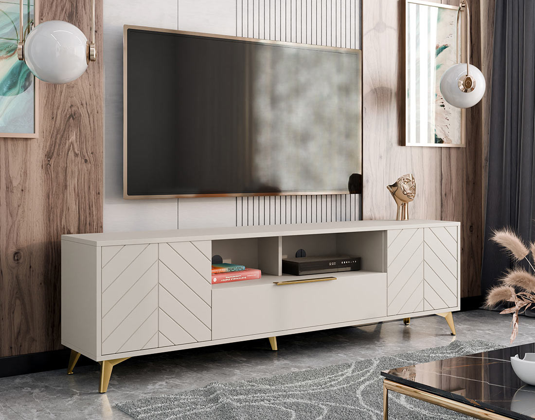 Meuble tv beige 2 portes, 1 tiroir et 1 niche 200 cm Boccioni