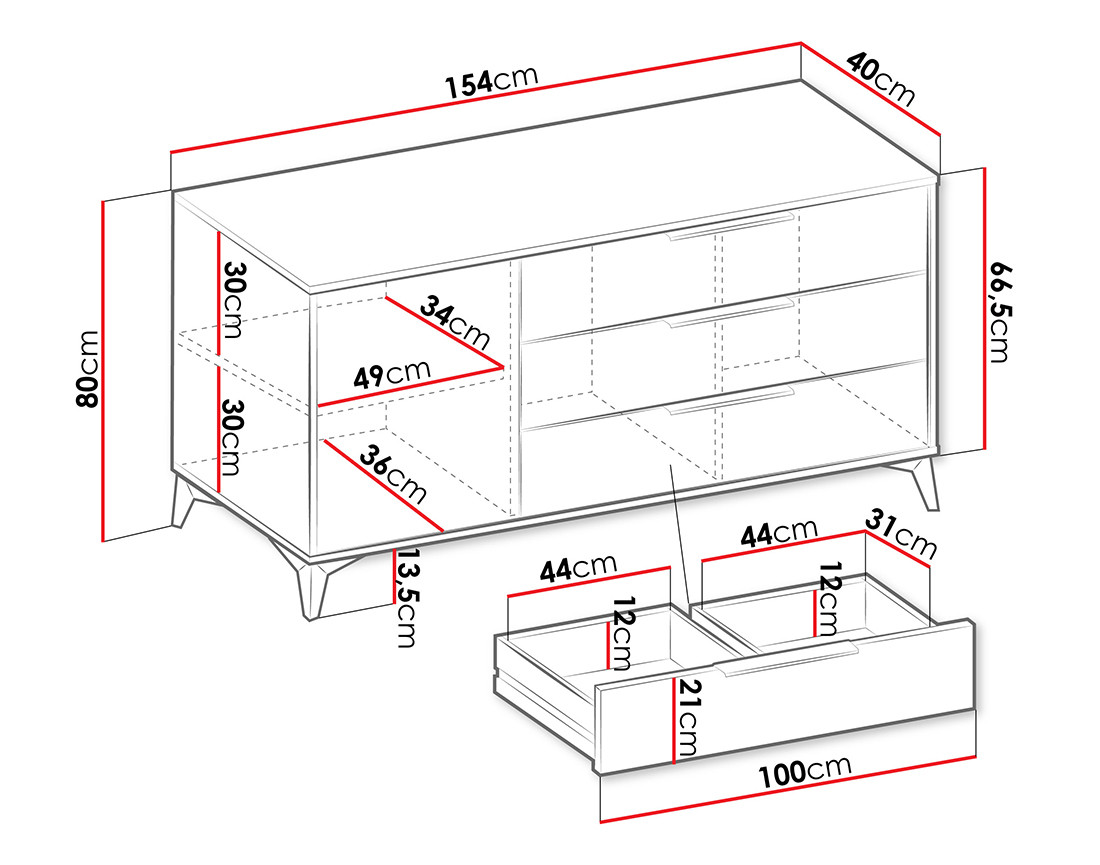 Buffet bas beige 3 tiroirs et 1 porte 154 cm Boccioni