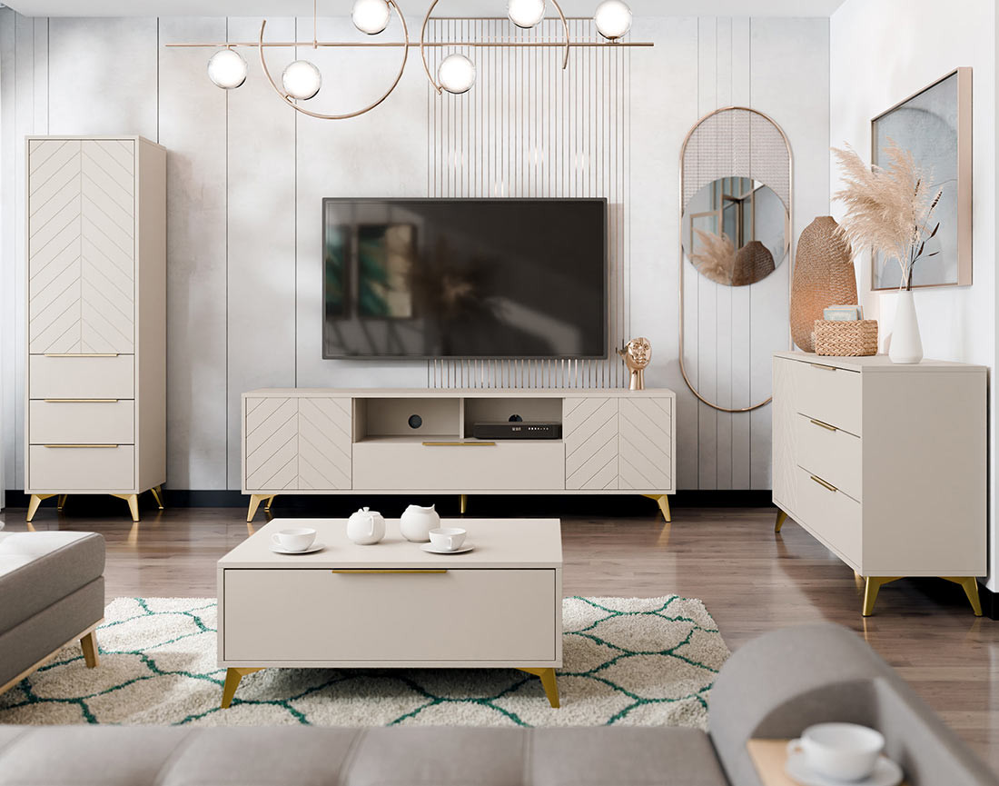 Buffet bas beige 3 tiroirs et 1 porte 154 cm Boccioni