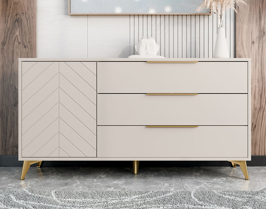 Buffet bas beige 3 tiroirs et 1 porte 154 cm Boccioni