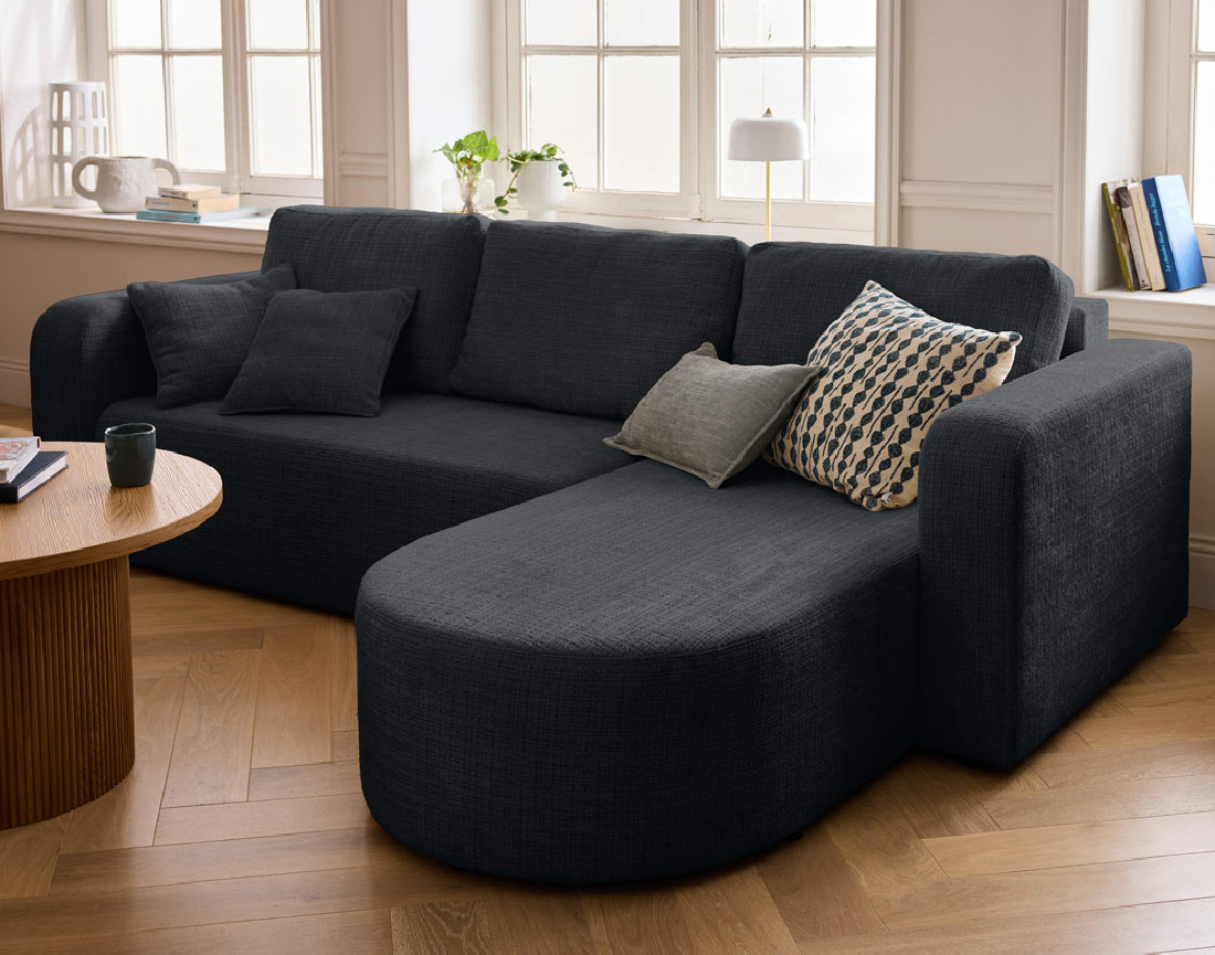 Canapé d'angle réversible 4 places convertible avec coffre en velours texturé Miro