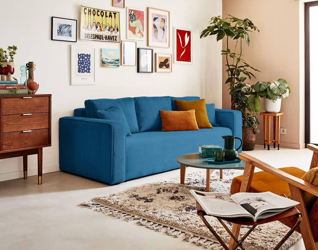 Canapé 3 places convertible avec coffre en velours côtelé Topaze