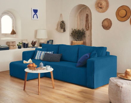 Canapé d'angle réversible 4 places convertible avec coffre en velours côtelé Topaze