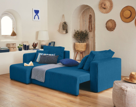 Canapé d'angle réversible 4 places convertible avec coffre en velours côtelé Topaze