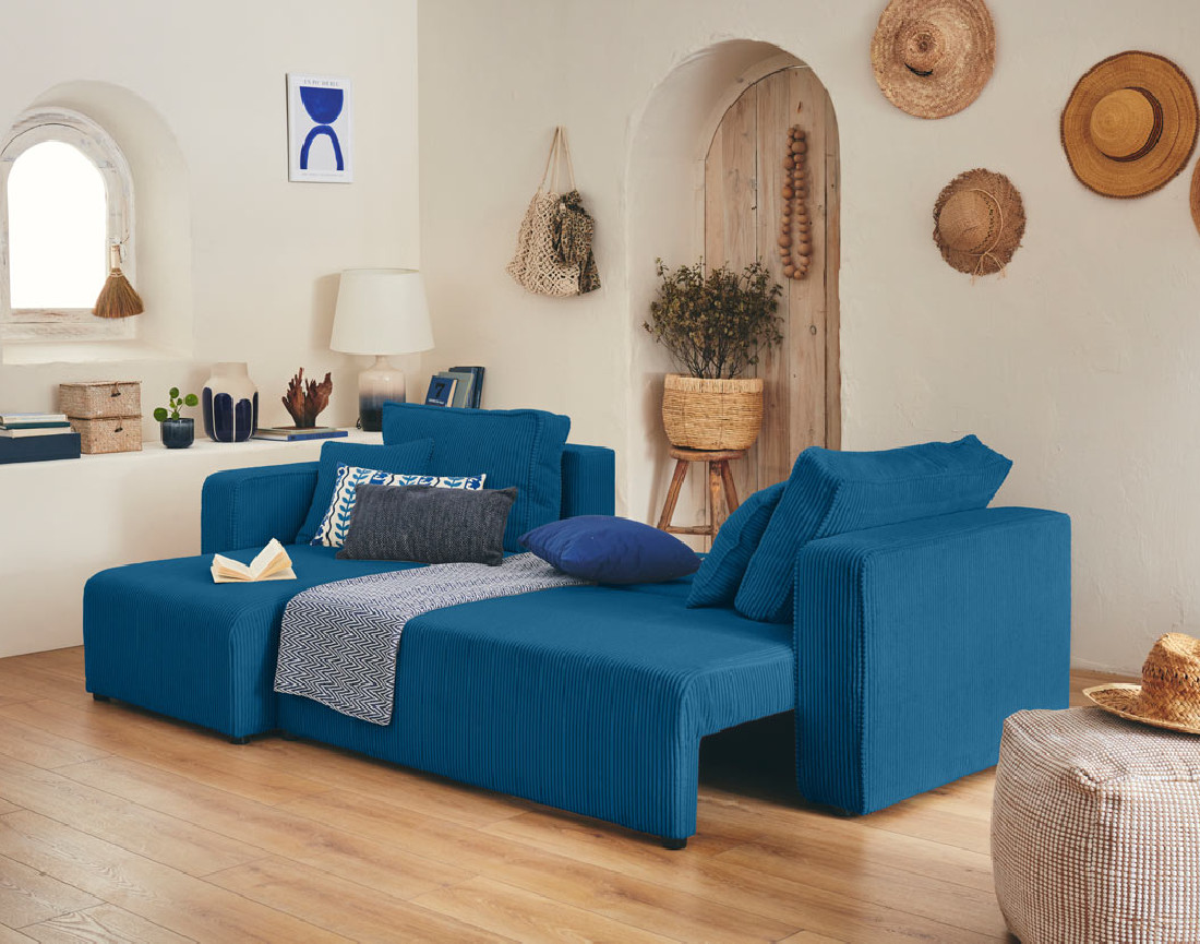 Canapé d'angle réversible 4 places convertible avec coffre en velours côtelé Topaze