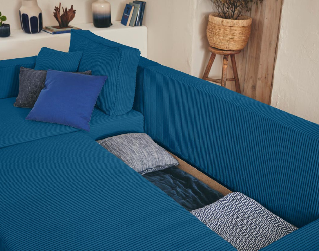 Canapé d'angle réversible 4 places convertible avec coffre en velours côtelé Topaze