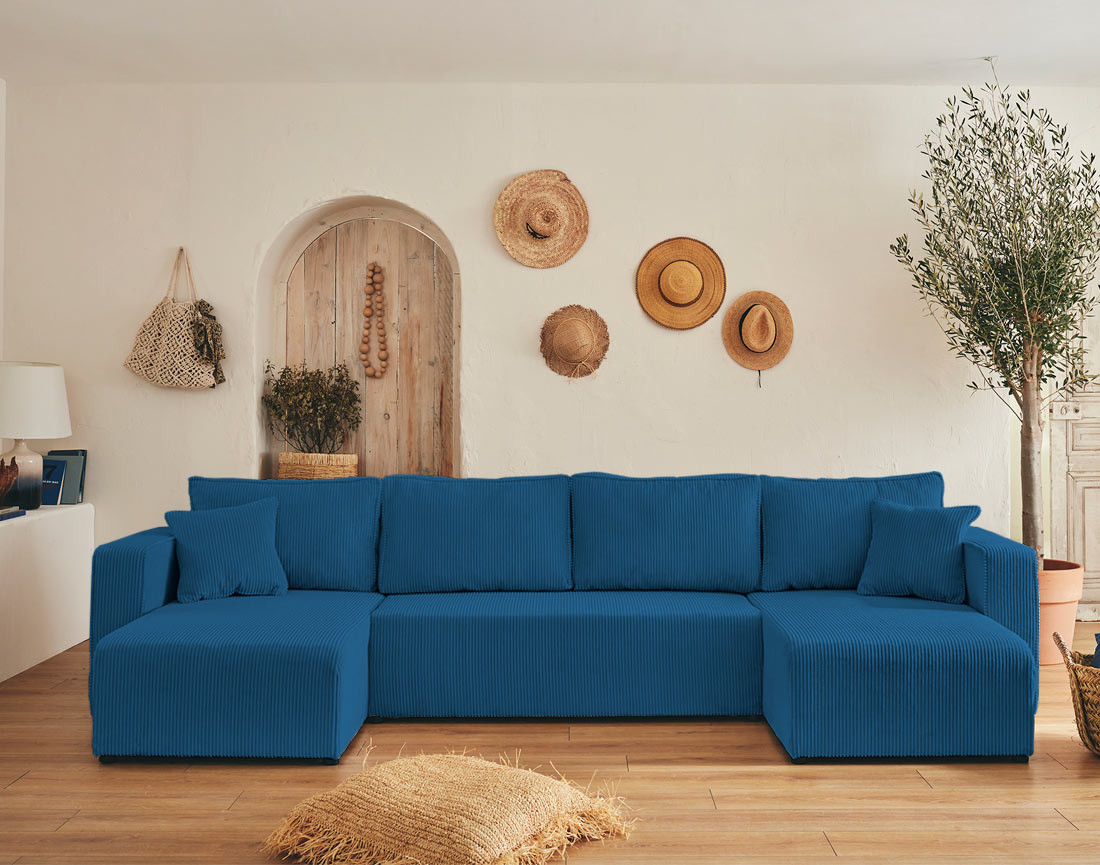 Canapé panoramique en U 7 places convertible avec coffre en velours côtelé Topaze