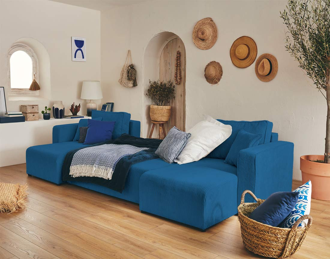 Canapé panoramique en U 7 places convertible avec coffre en velours côtelé Topaze