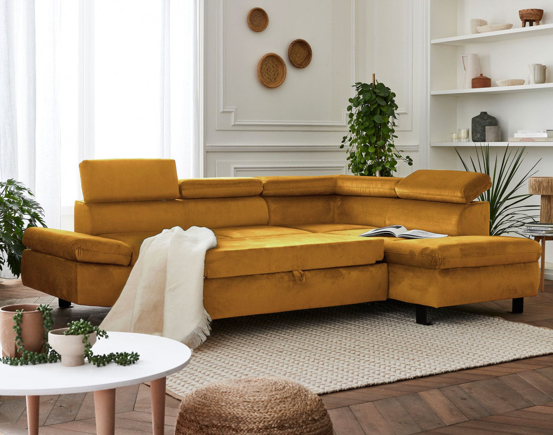 Nairobi - Canapé d'angle convertible - en velours - 5 places - avec têtières - Droit