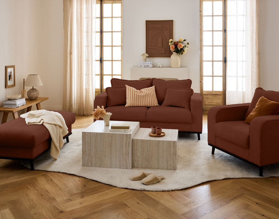 Fauteuil en velours côtelé pieds bois foncé - Albane