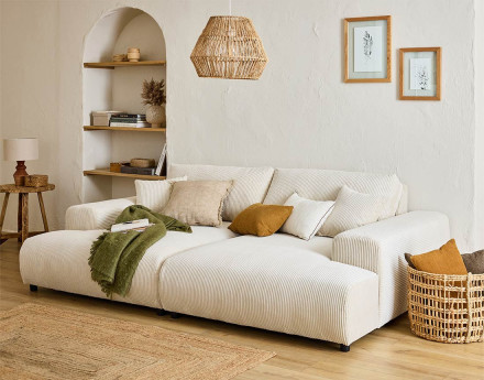 Canapé droit 4 places double méridienne en velours côtelé Garance