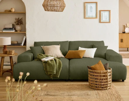 Canapé droit 4 places double méridienne en velours côtelé Garance