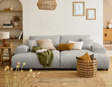 Canapé droit 4 places double méridienne en velours côtelé Garance