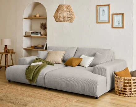 Canapé droit 4 places double méridienne en velours côtelé Garance