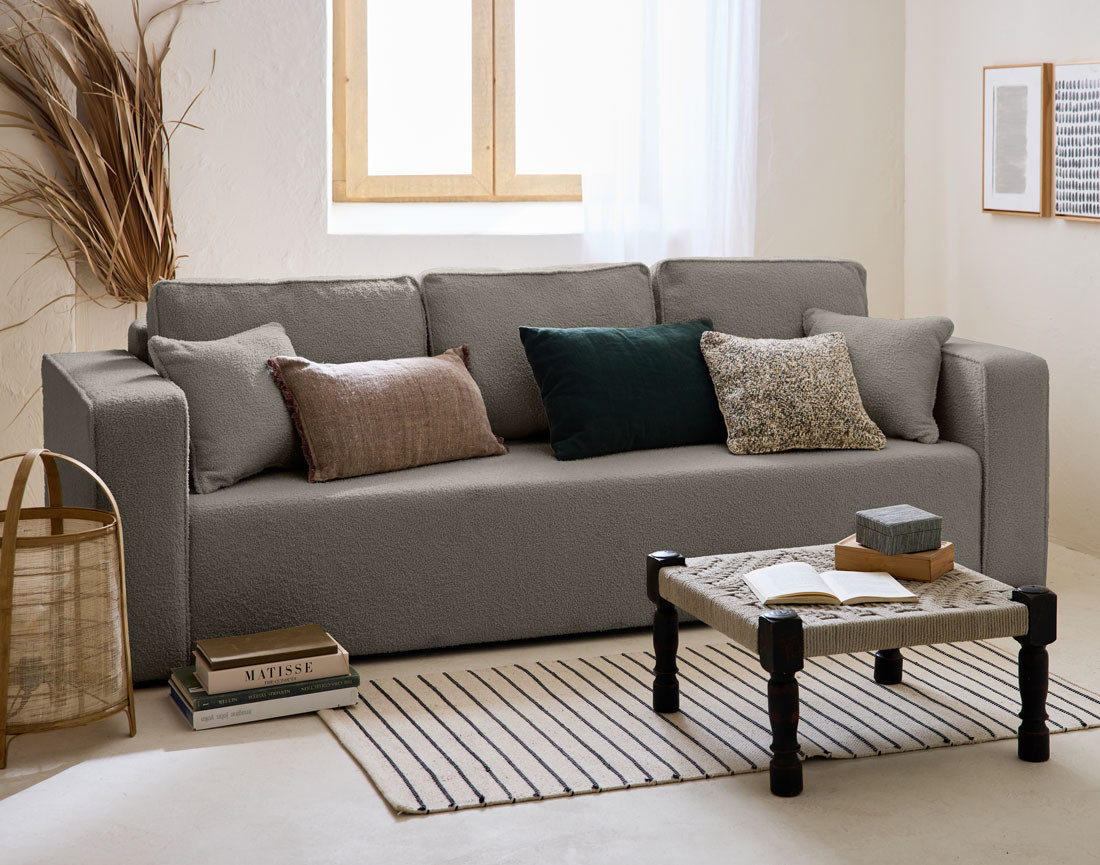 Canapé 3 places convertible avec coffre en tissu bouclette Topaze