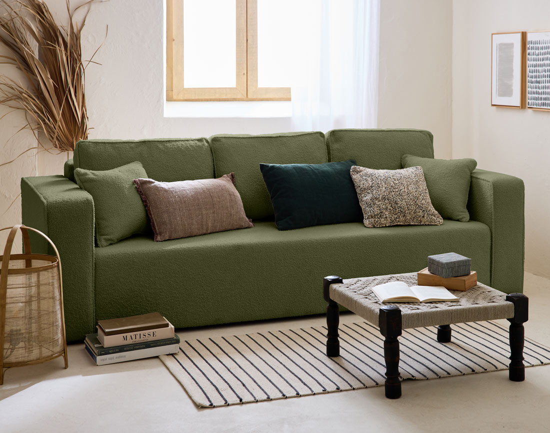 Canapé 3 places convertible avec coffre en tissu bouclette Topaze