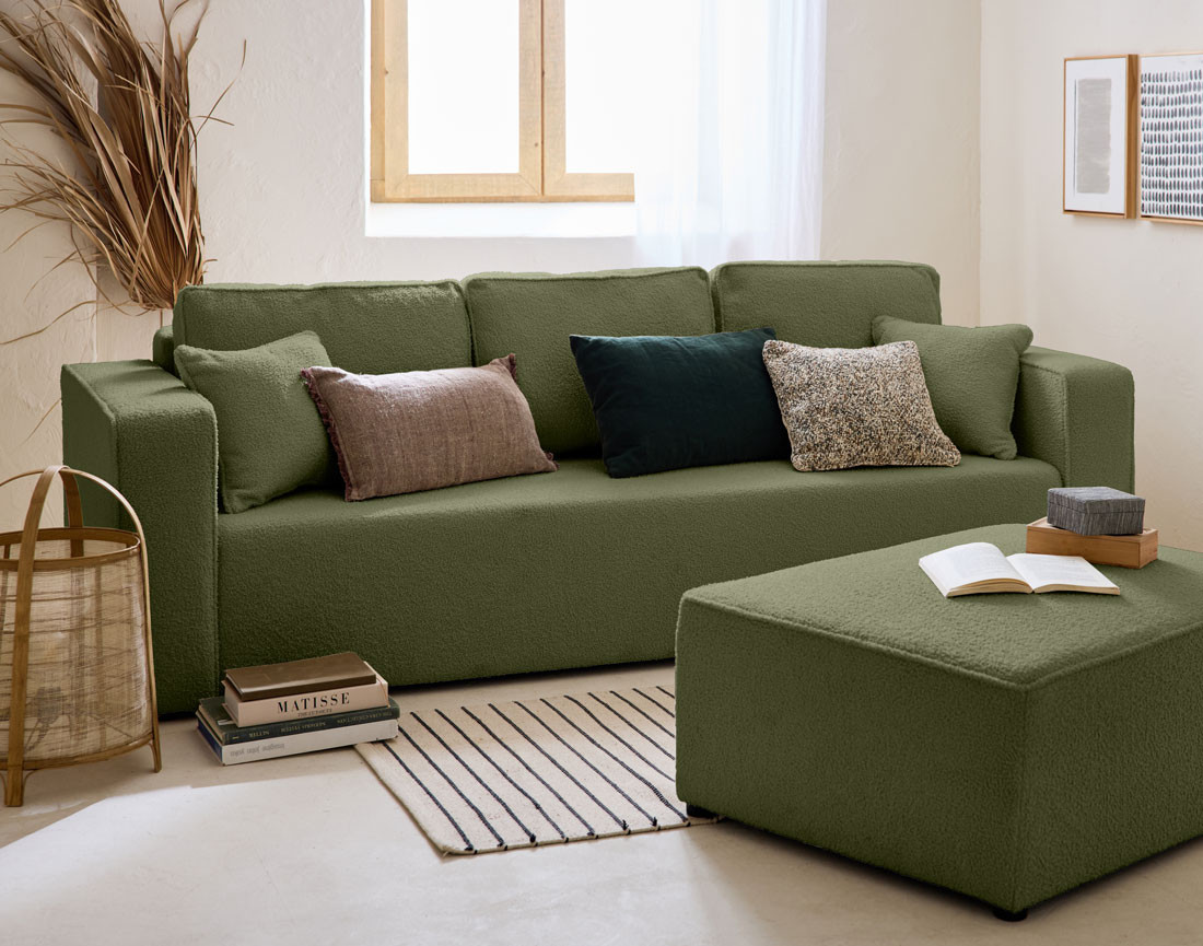 Canapé 3 places convertible avec coffre en tissu bouclette Topaze