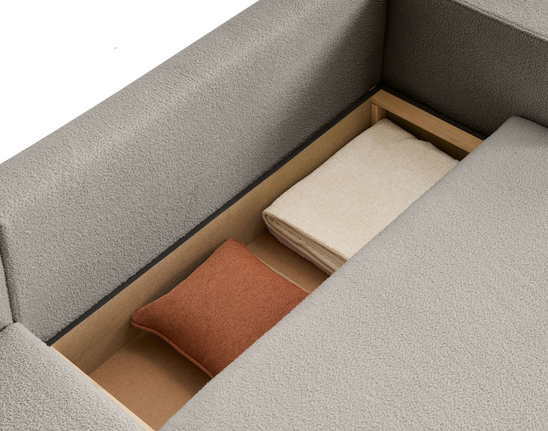 Canapé d'angle 4 places convertible avec coffre en tissu bouclette Topaze